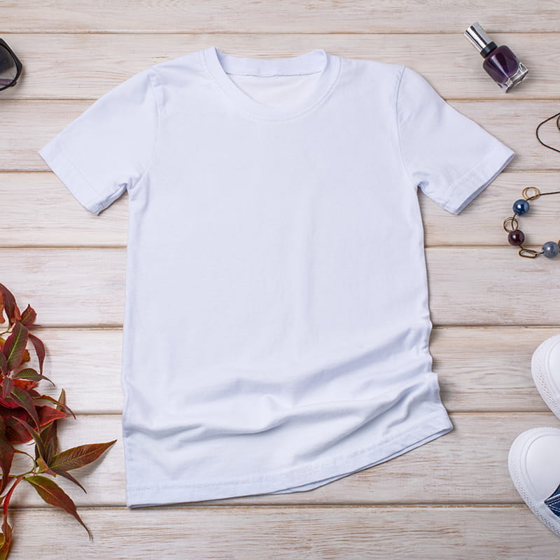 Womens white T-shirt with blue sneakers